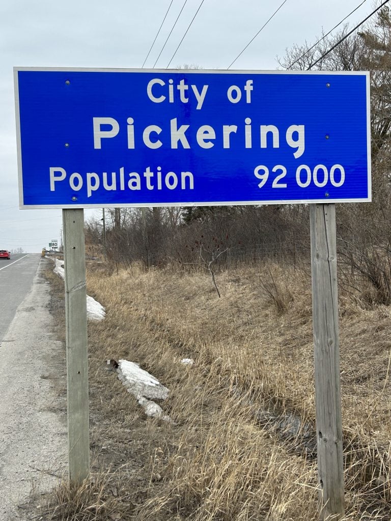 Pickering Sign II, featuring modern typography on a durable metal structure, welcoming residents and visitors alike to Pickering, Ontario.